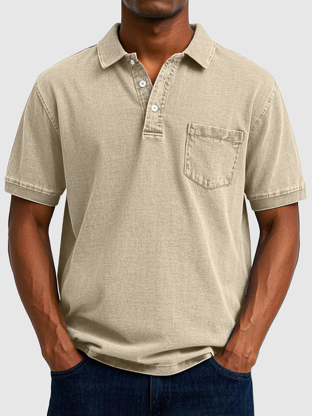 Mens Polo Shirt Cotton Denim Short Sleeve Chest Pocket