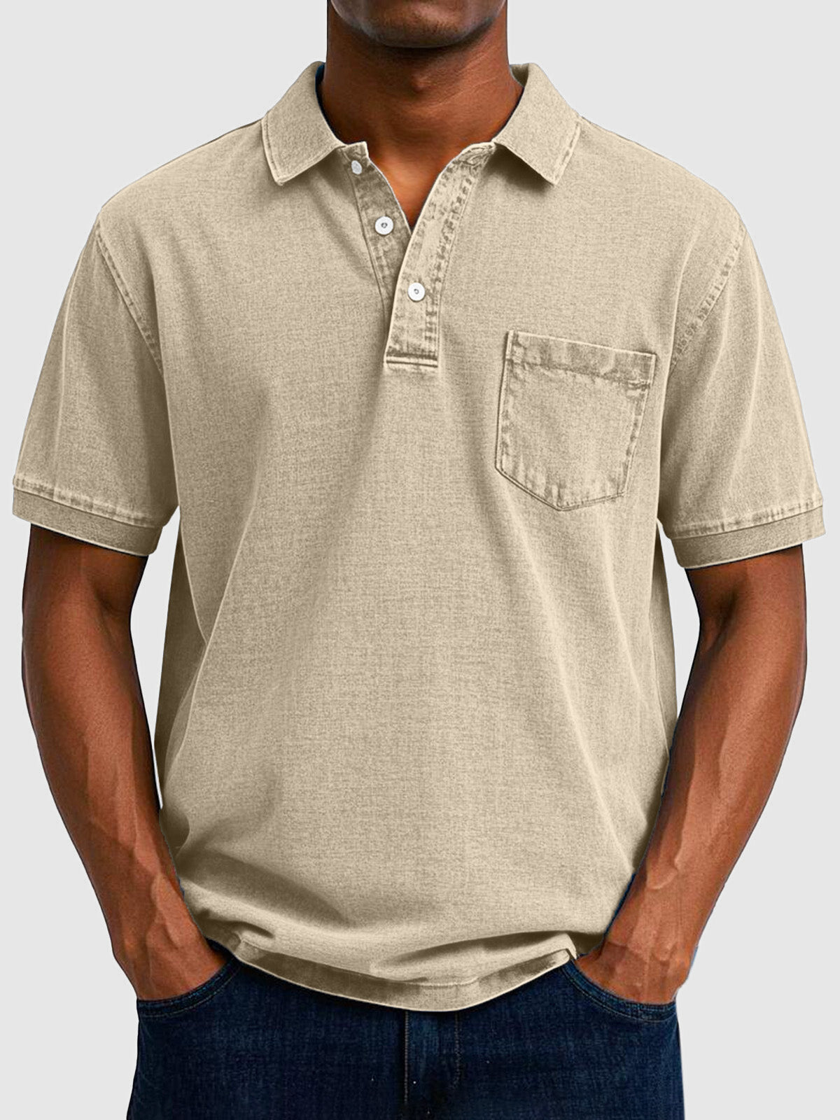 Mens Polo Shirt Cotton Denim Short Sleeve Chest Pocket