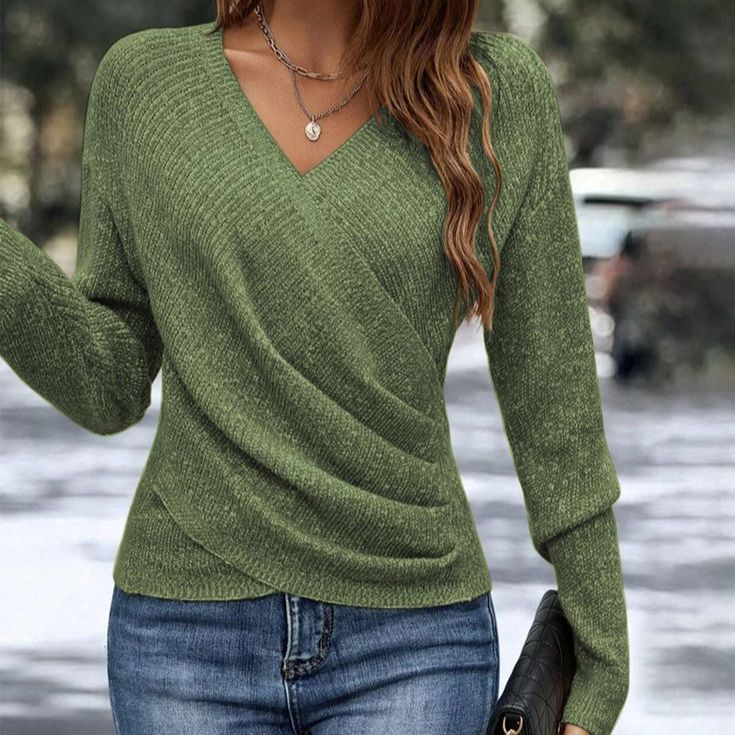 V Neck Wrap Jumper Crossover Front Long Sleeve Knit