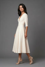 Wedding Guest Midi Dress A-Line Flared V-Neck