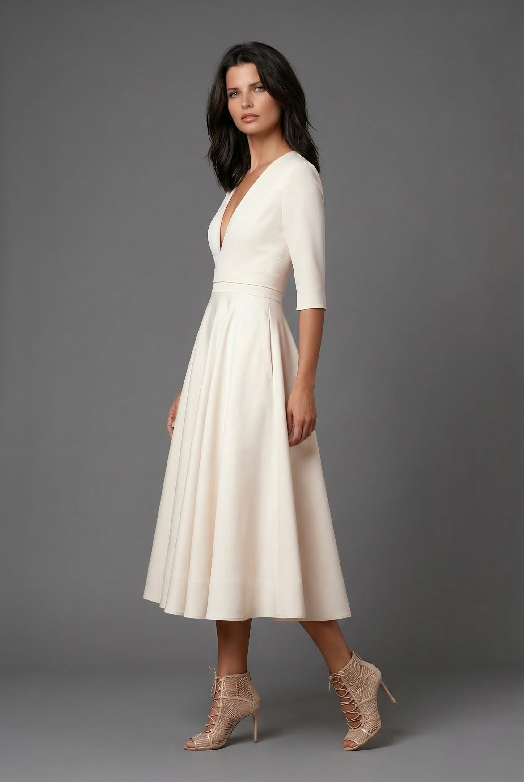 Wedding Guest Midi Dress A-Line Flared V-Neck