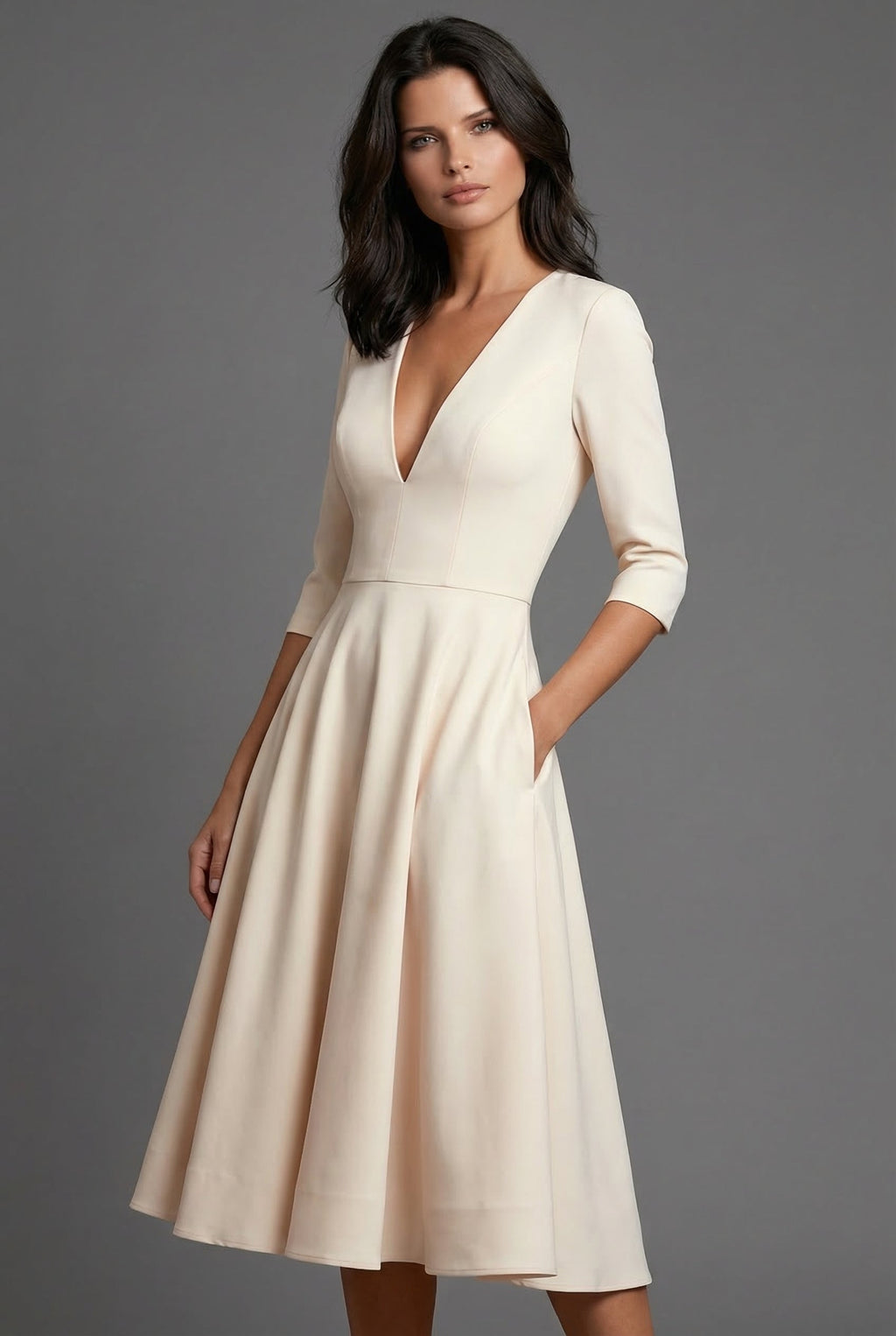 Wedding Guest Midi Dress A-Line Flared V-Neck