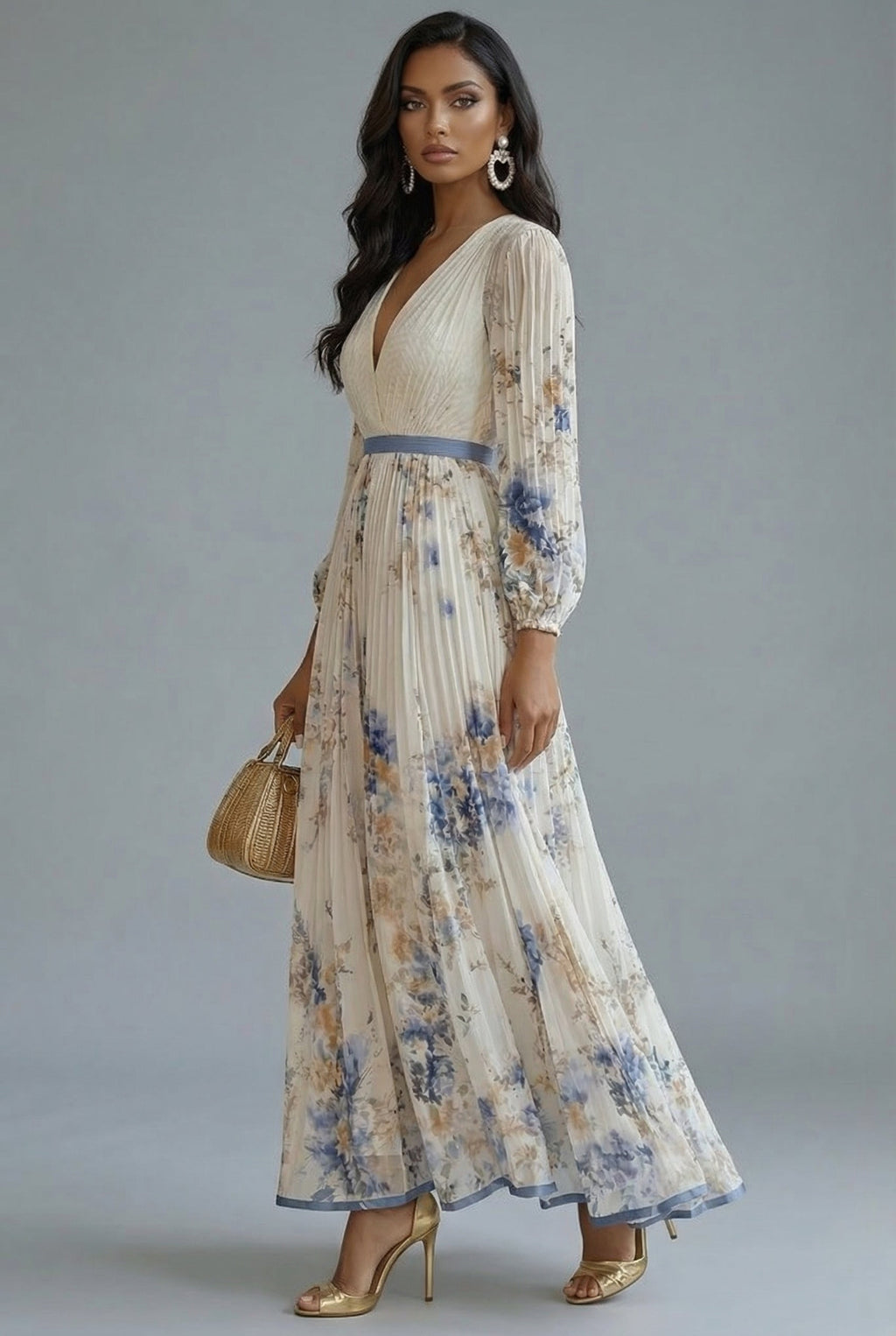 Floral Maxi Dress V-Neck Long Sleeve Ascot