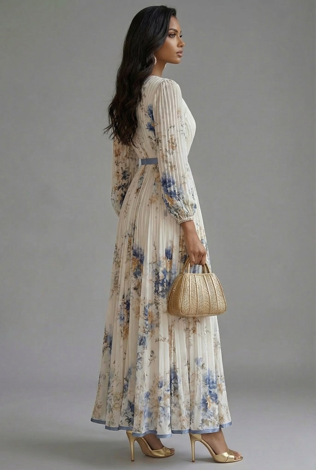 Floral Maxi Dress V-Neck Long Sleeve Ascot