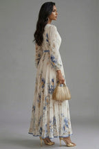 Floral Maxi Dress V-Neck Long Sleeve Ascot