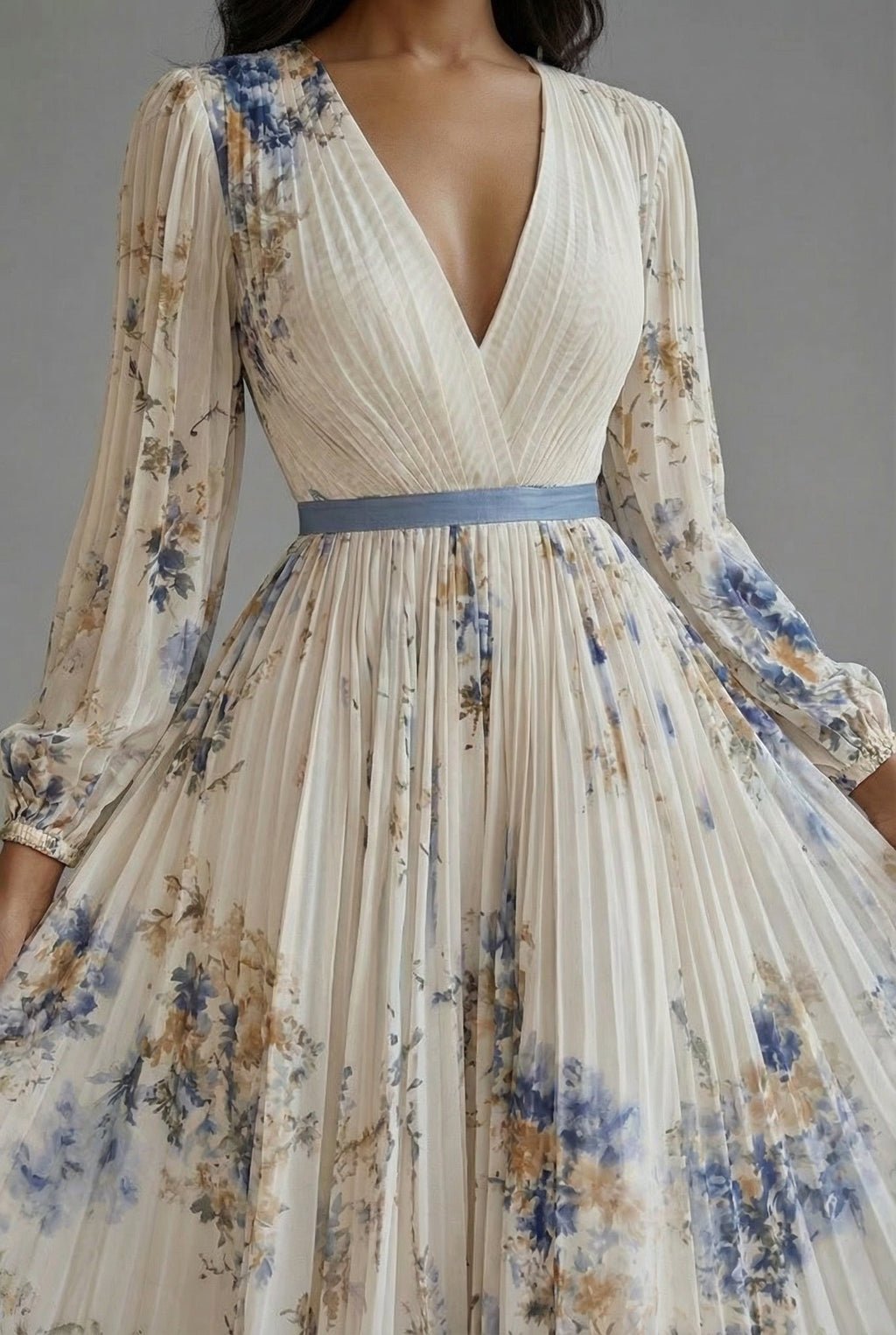 Floral Maxi Dress V-Neck Long Sleeve Ascot