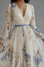 Floral Maxi Dress V-Neck Long Sleeve Ascot