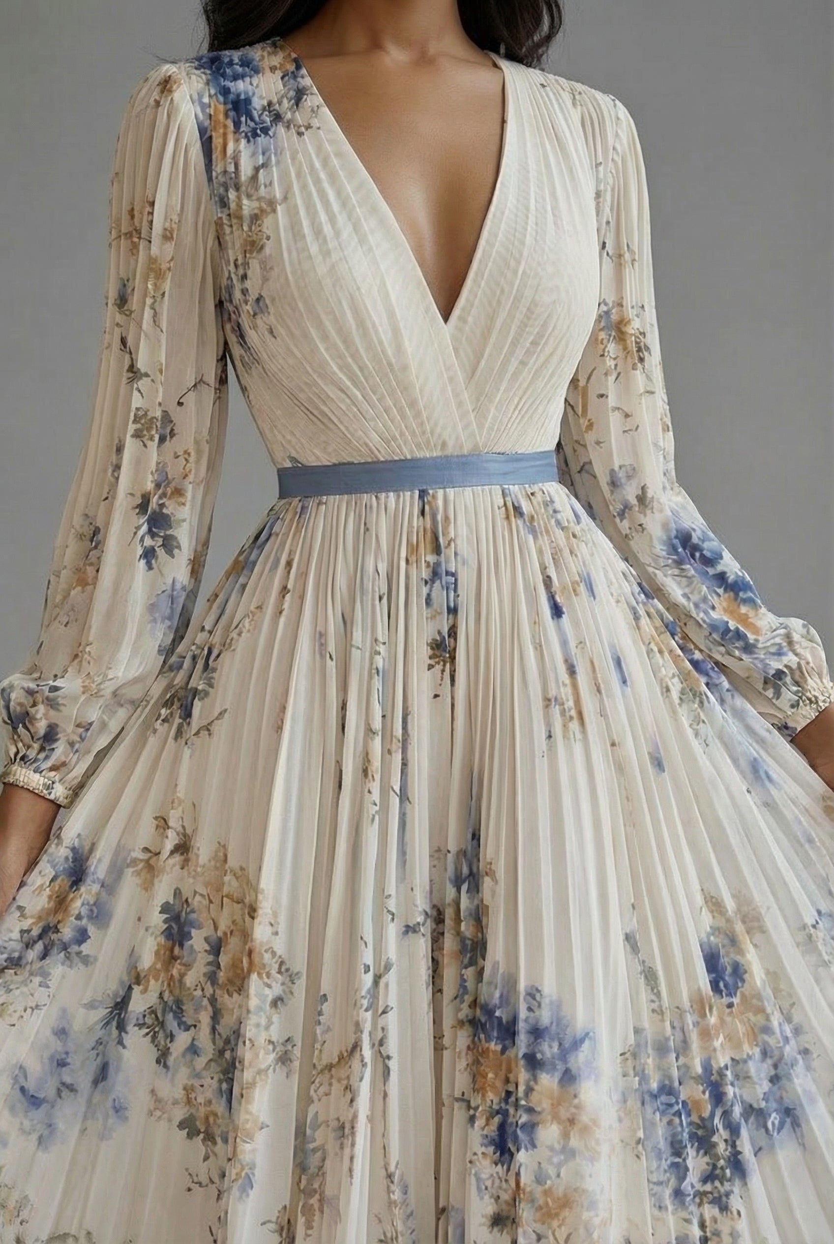 Floral Maxi Dress V-Neck Long Sleeve Ascot