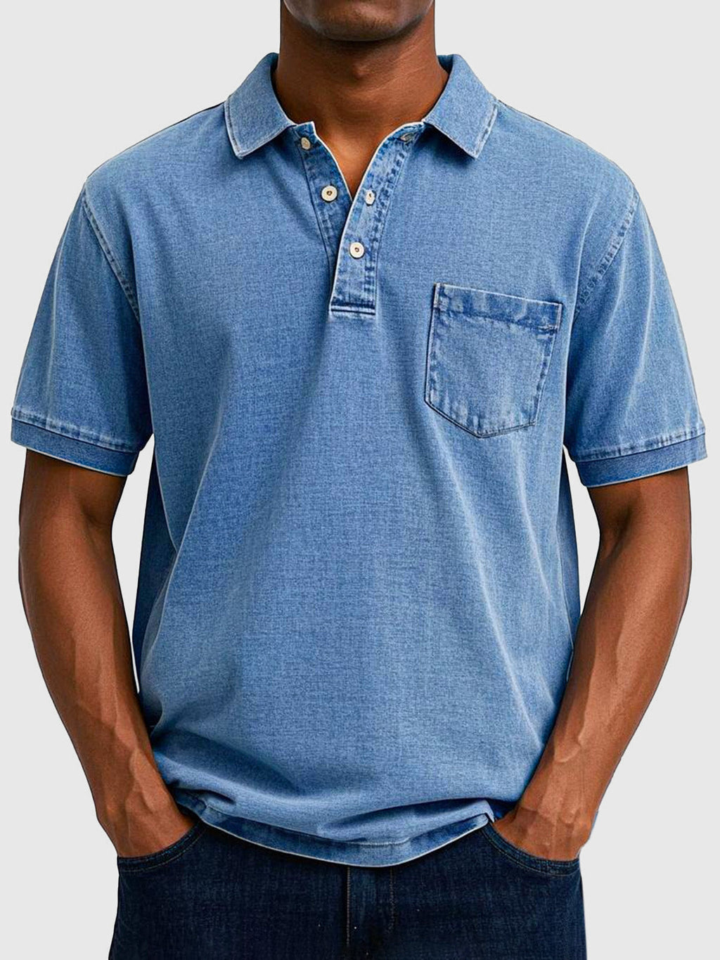 Mens Polo Shirt Cotton Denim Short Sleeve Chest Pocket