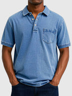 Mens Polo Shirt Cotton Denim Short Sleeve Chest Pocket