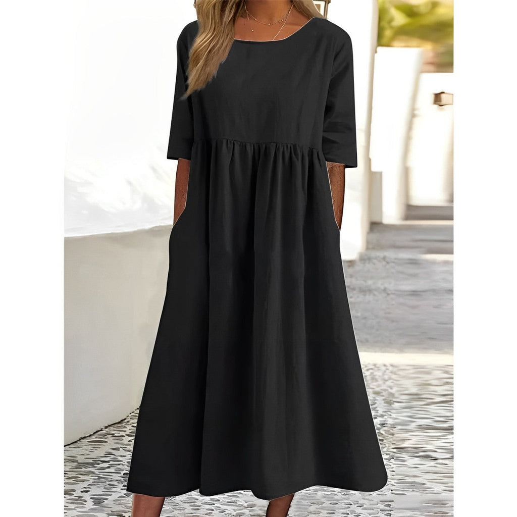 Cotton Linen Midi Dress Breathable Casual Summer