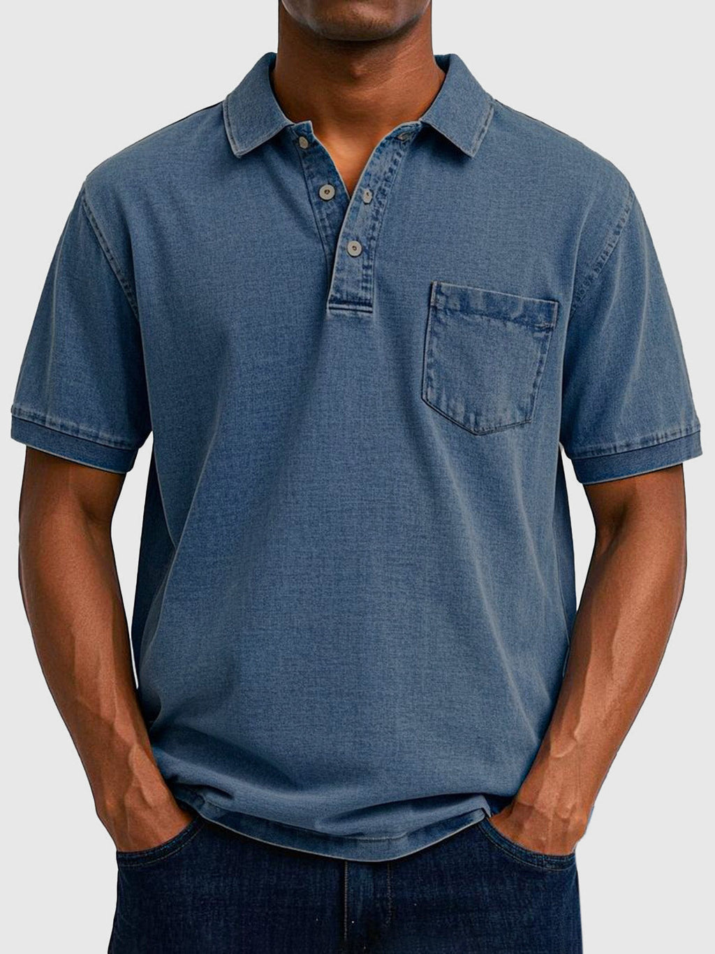 Mens Polo Shirt Cotton Denim Short Sleeve Chest Pocket
