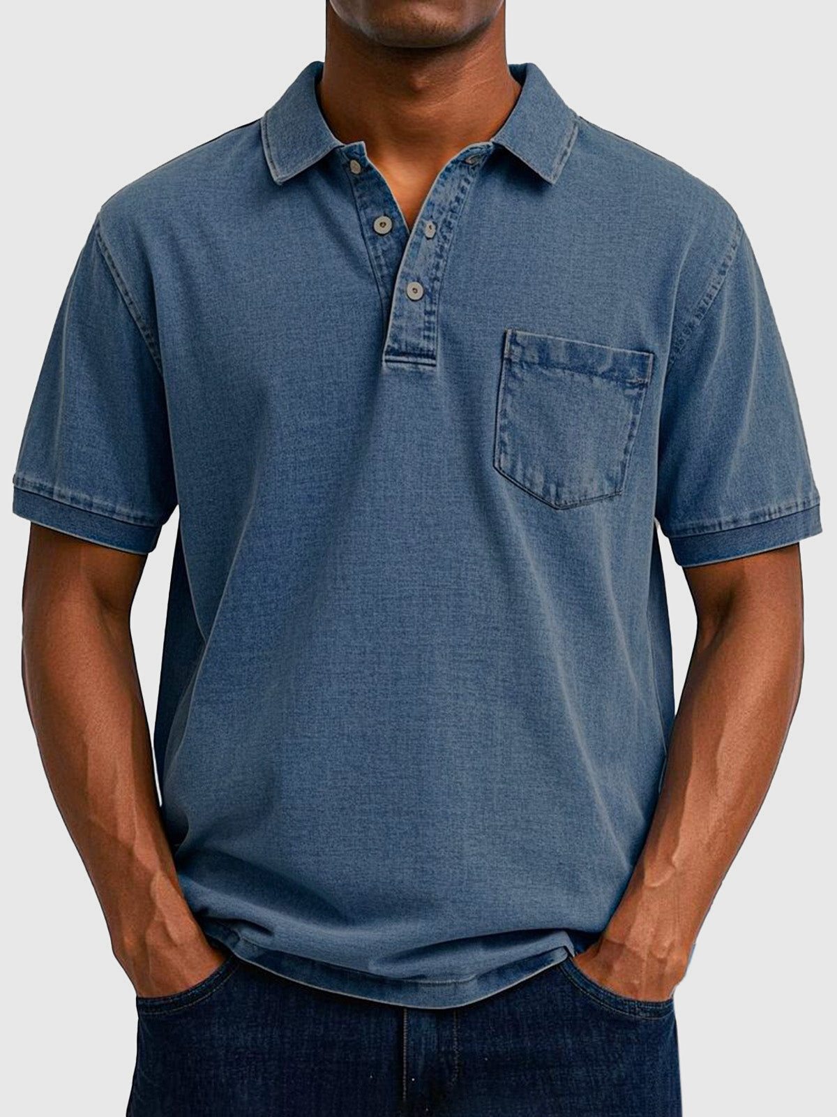 Mens Polo Shirt Cotton Denim Short Sleeve Chest Pocket