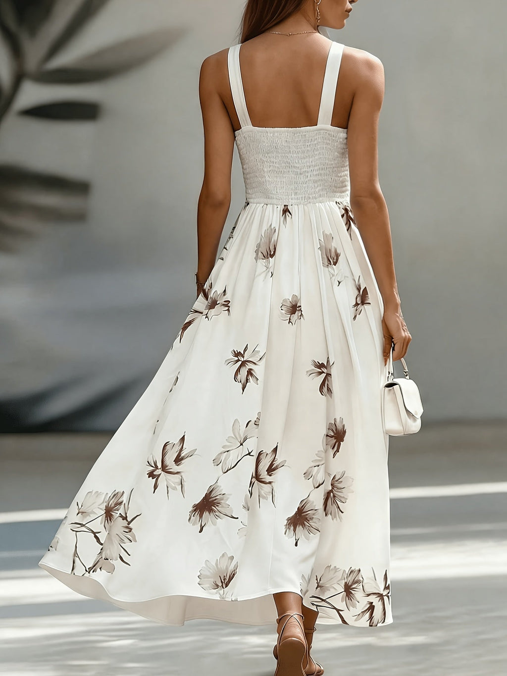 Backless Ruched Floral Maxi Dress Flared Patchwork