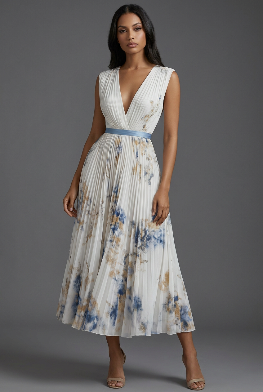 Wedding Guest Midi Dress Pleated Floral V-Neck