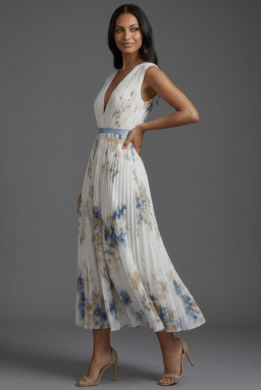 Wedding Guest Midi Dress Pleated Floral V-Neck
