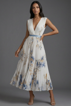 Wedding Guest Midi Dress Pleated Floral V-Neck