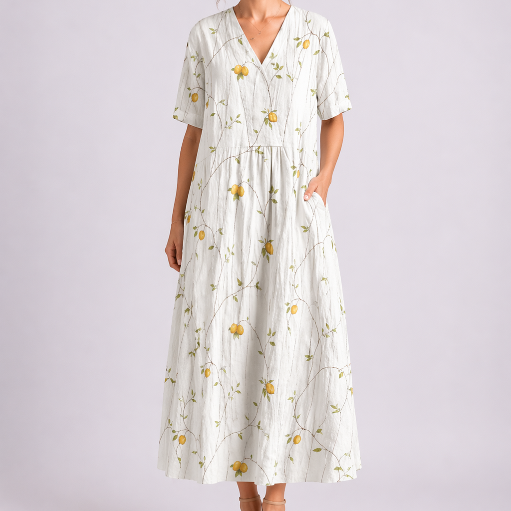 V Neck Short Sleeve Floral Midi Dress