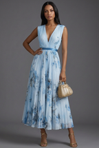 Wedding Guest Midi Dress Pleated Floral V-Neck