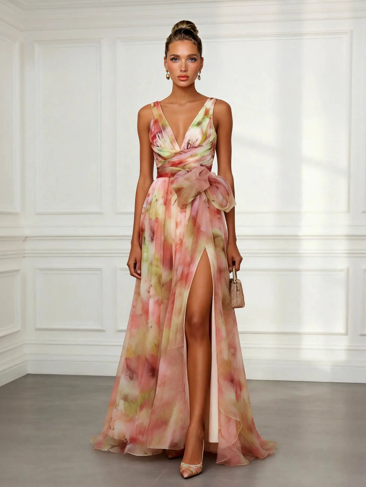Abstract Print Maxi Dress V-Neck Tie-Waist