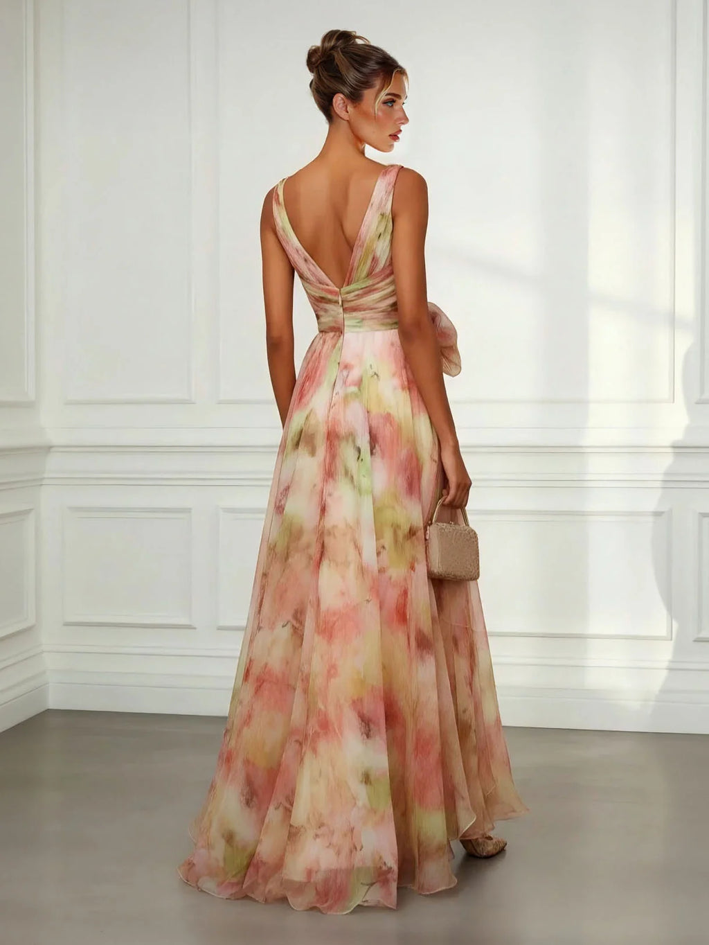 Abstract Print Maxi Dress V-Neck Tie-Waist