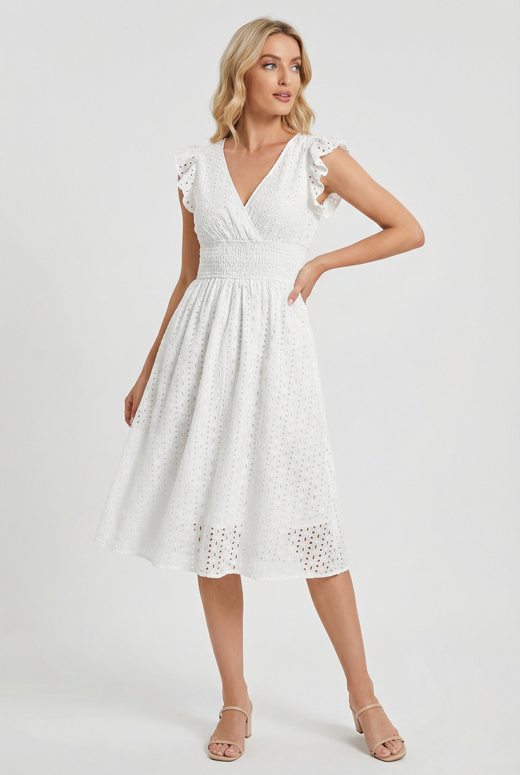 A-Line Eyelet Dress Smocked Waist Cap Sleeve Summer