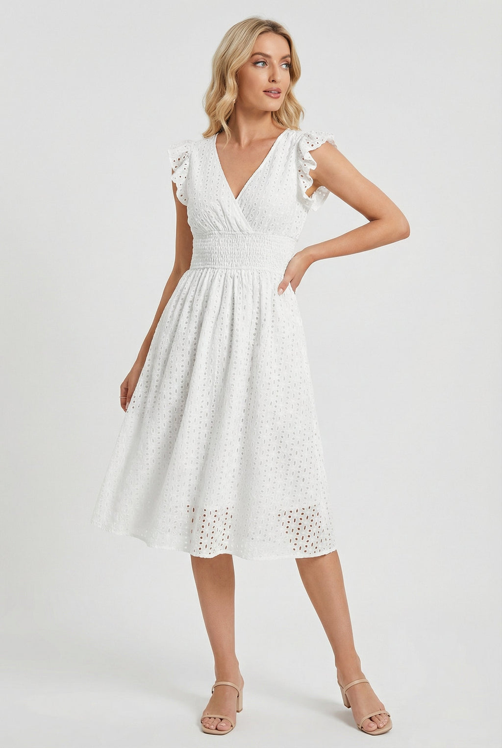 A-Line Eyelet Dress Smocked Waist Cap Sleeve Summer