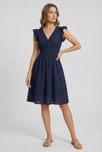 A-Line Eyelet Dress Smocked Waist Cap Sleeve Summer
