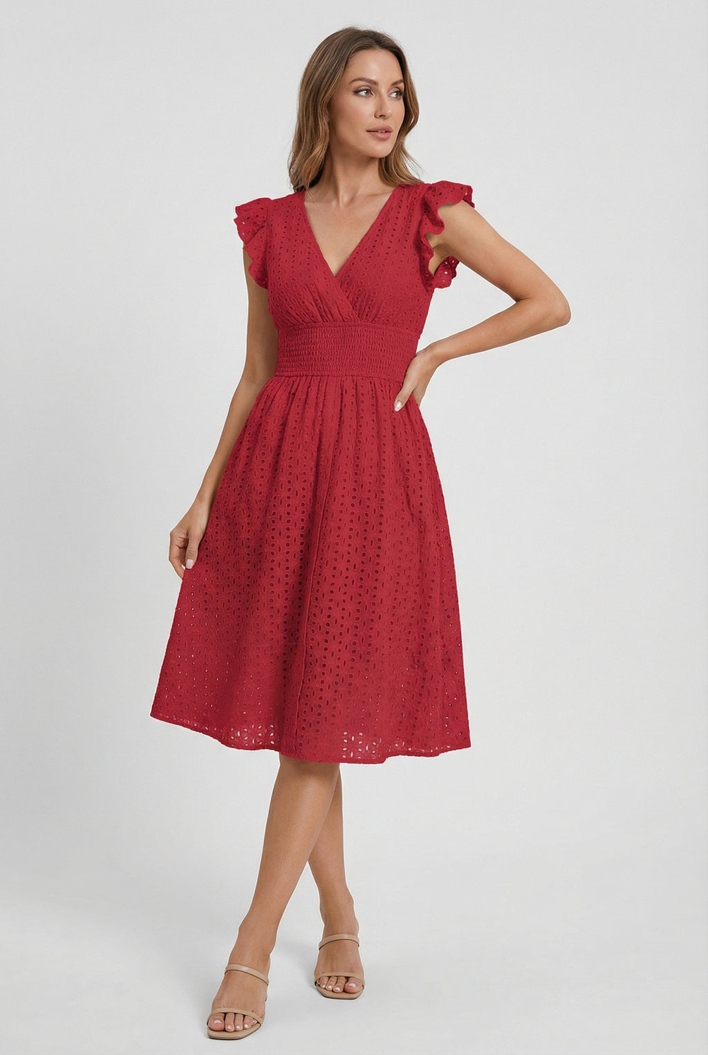 A-Line Eyelet Dress Smocked Waist Cap Sleeve Summer