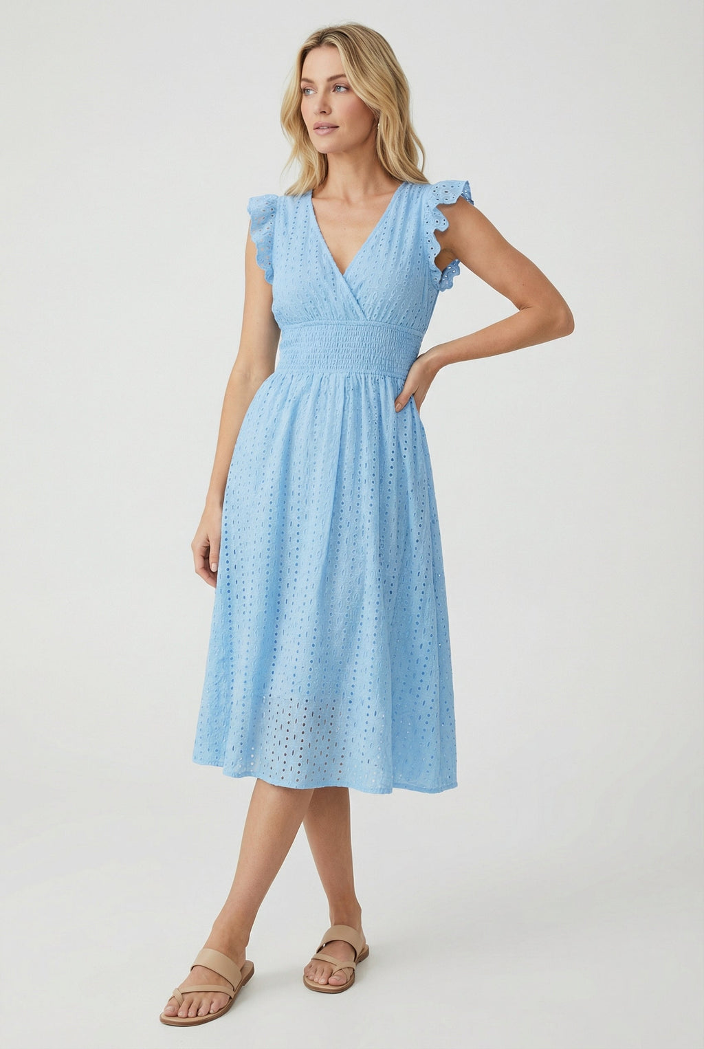A-Line Eyelet Dress Smocked Waist Cap Sleeve Summer