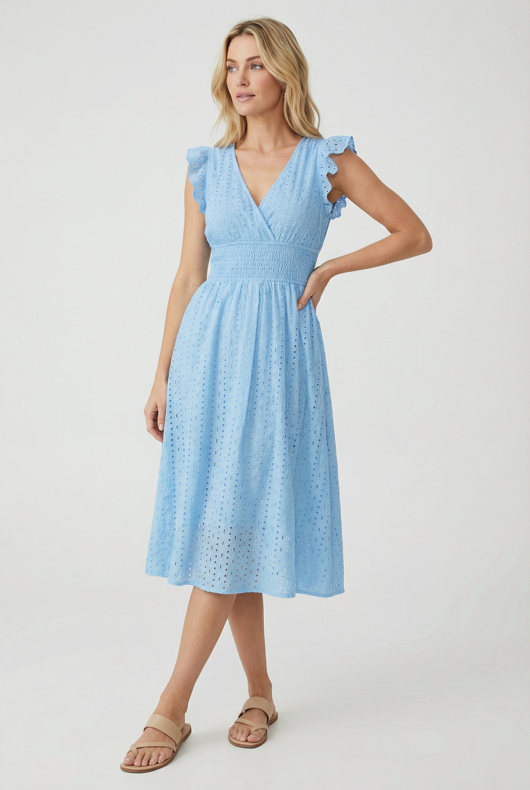 A-Line Eyelet Dress Smocked Waist Cap Sleeve Summer