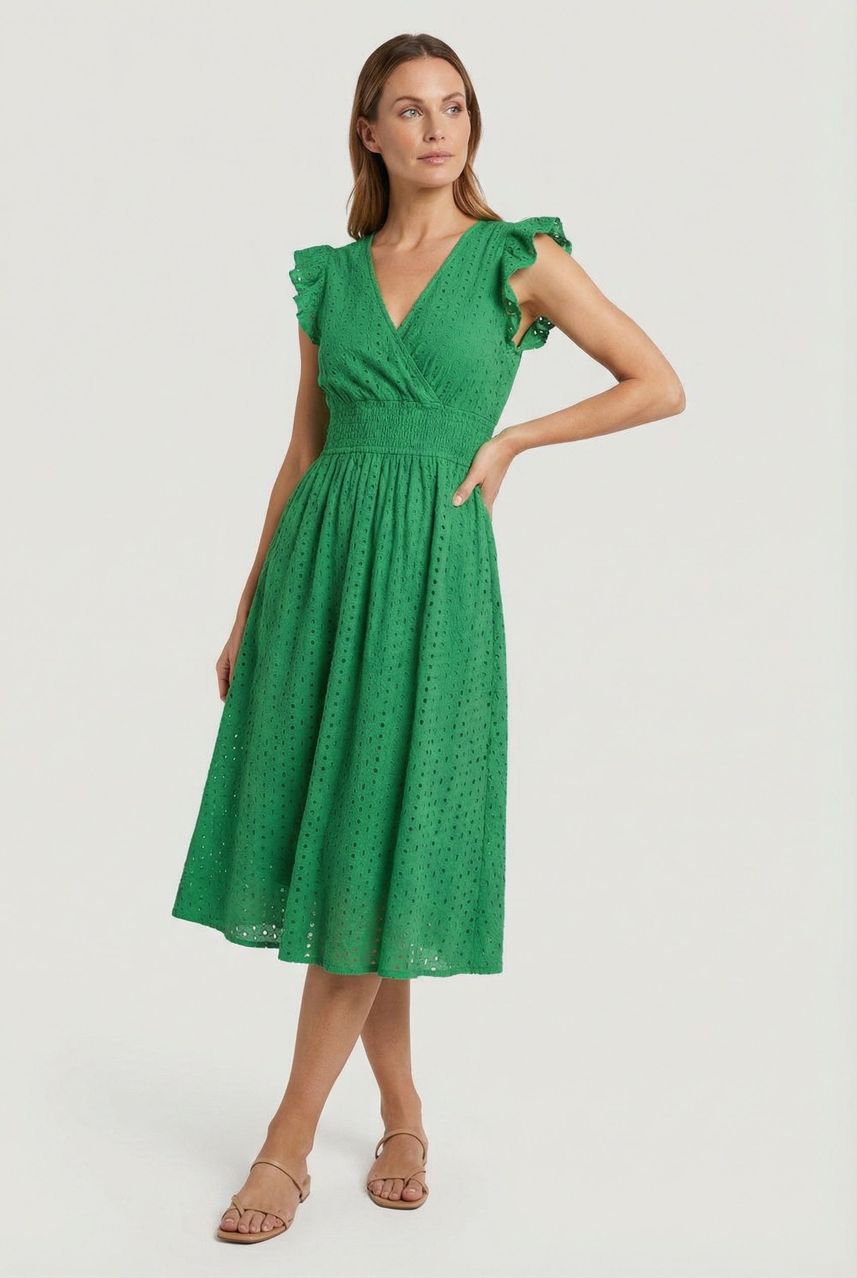 A-Line Eyelet Dress Smocked Waist Cap Sleeve Summer