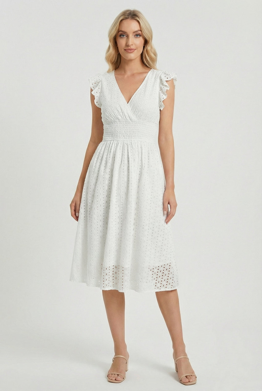 A-Line Eyelet Dress Smocked Waist Cap Sleeve Summer