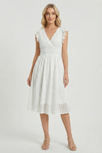 A-Line Eyelet Dress Smocked Waist Cap Sleeve Summer