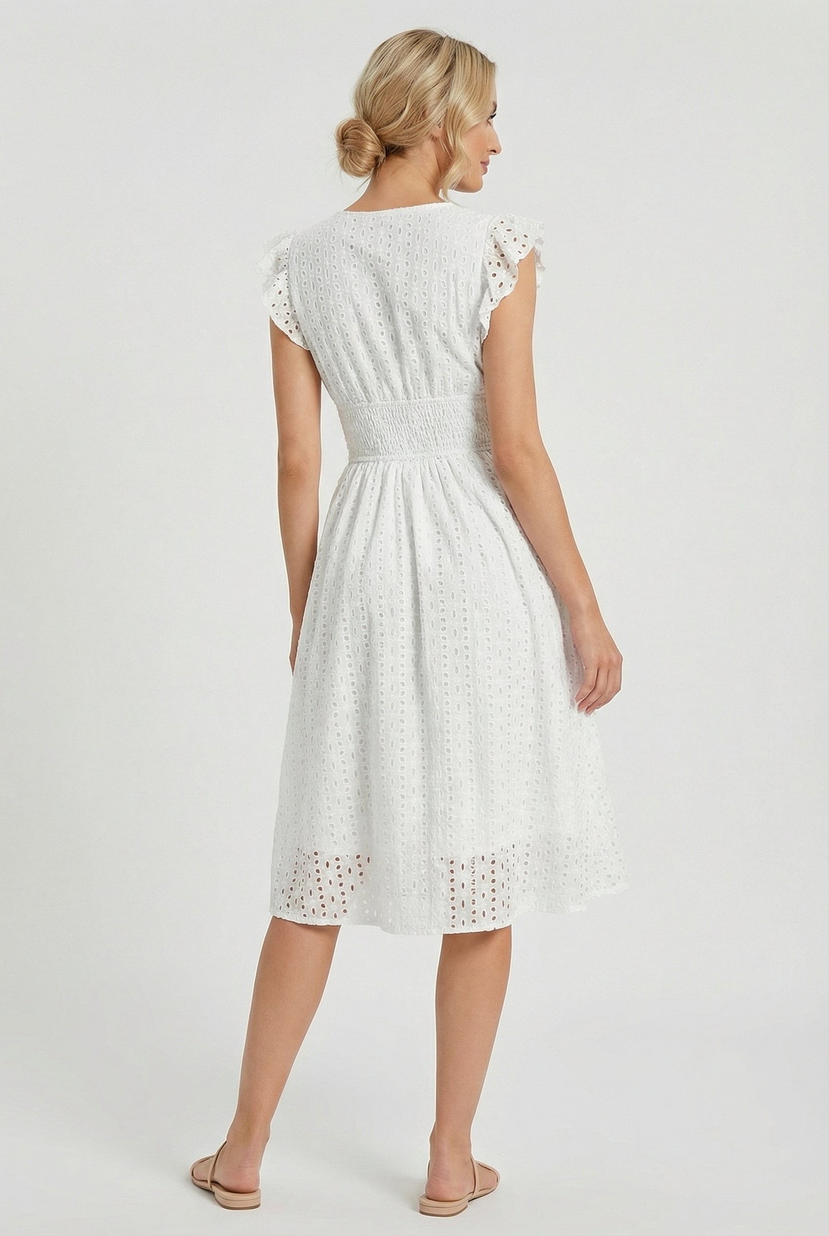 A-Line Eyelet Dress Smocked Waist Cap Sleeve Summer