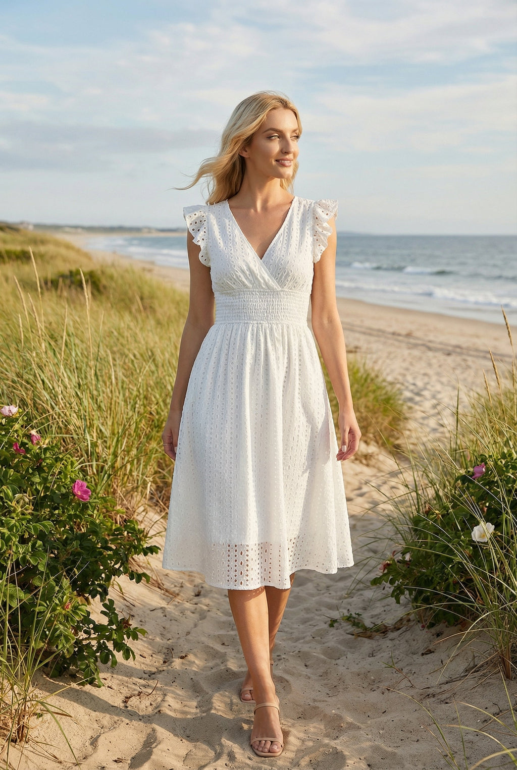 A-Line Eyelet Dress Smocked Waist Cap Sleeve Summer