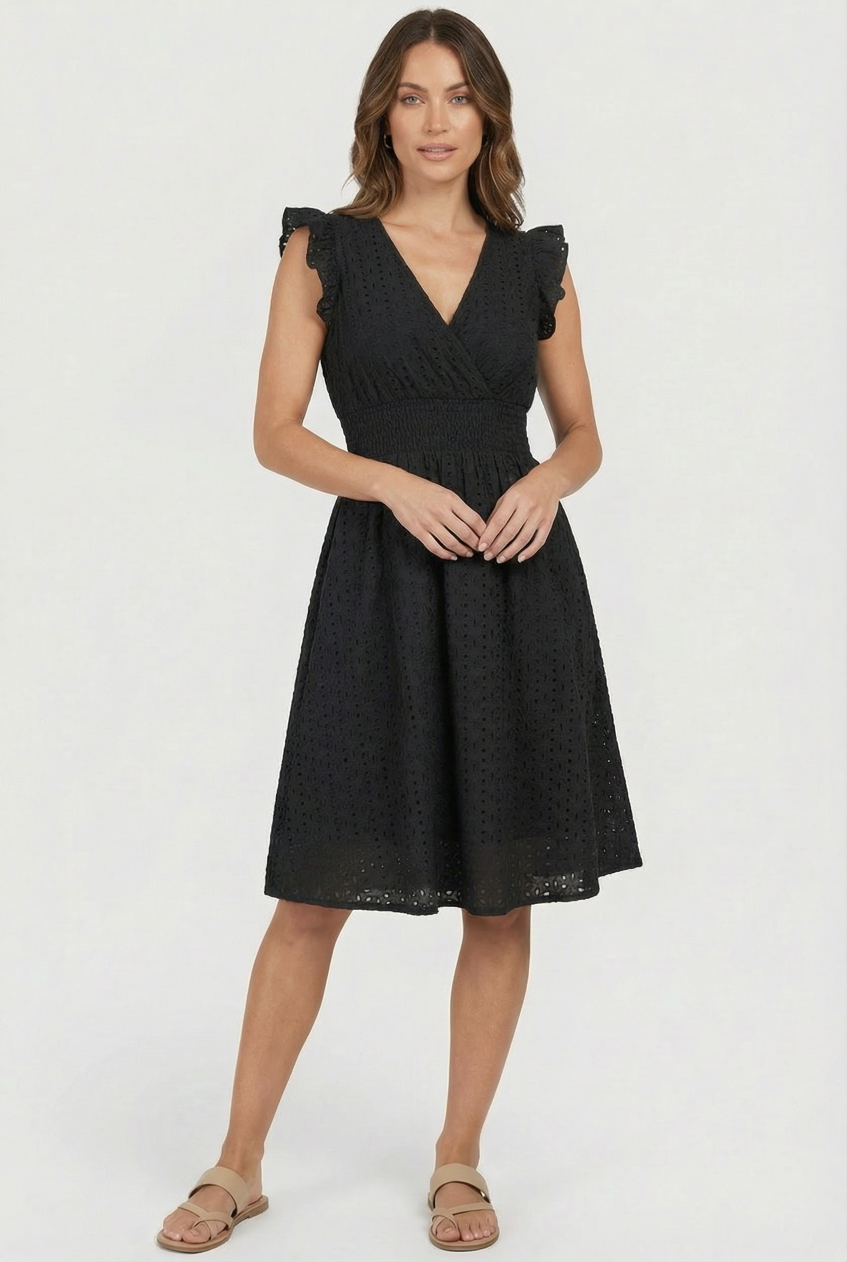 A-Line Eyelet Dress Smocked Waist Cap Sleeve Summer