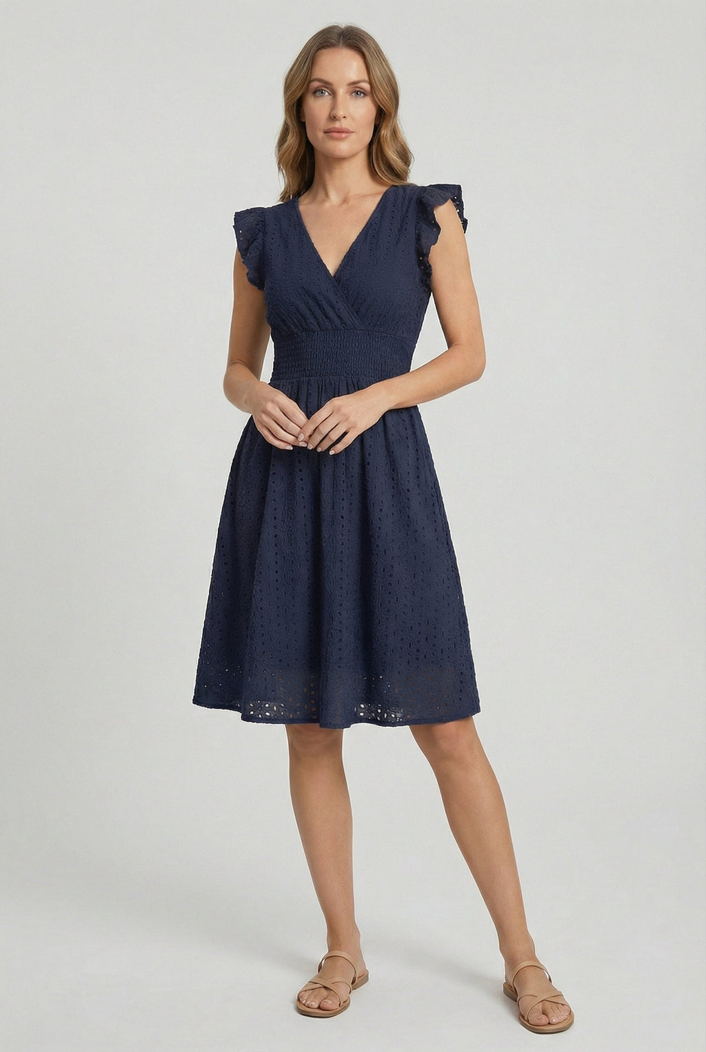 A-Line Eyelet Dress Smocked Waist Cap Sleeve Summer