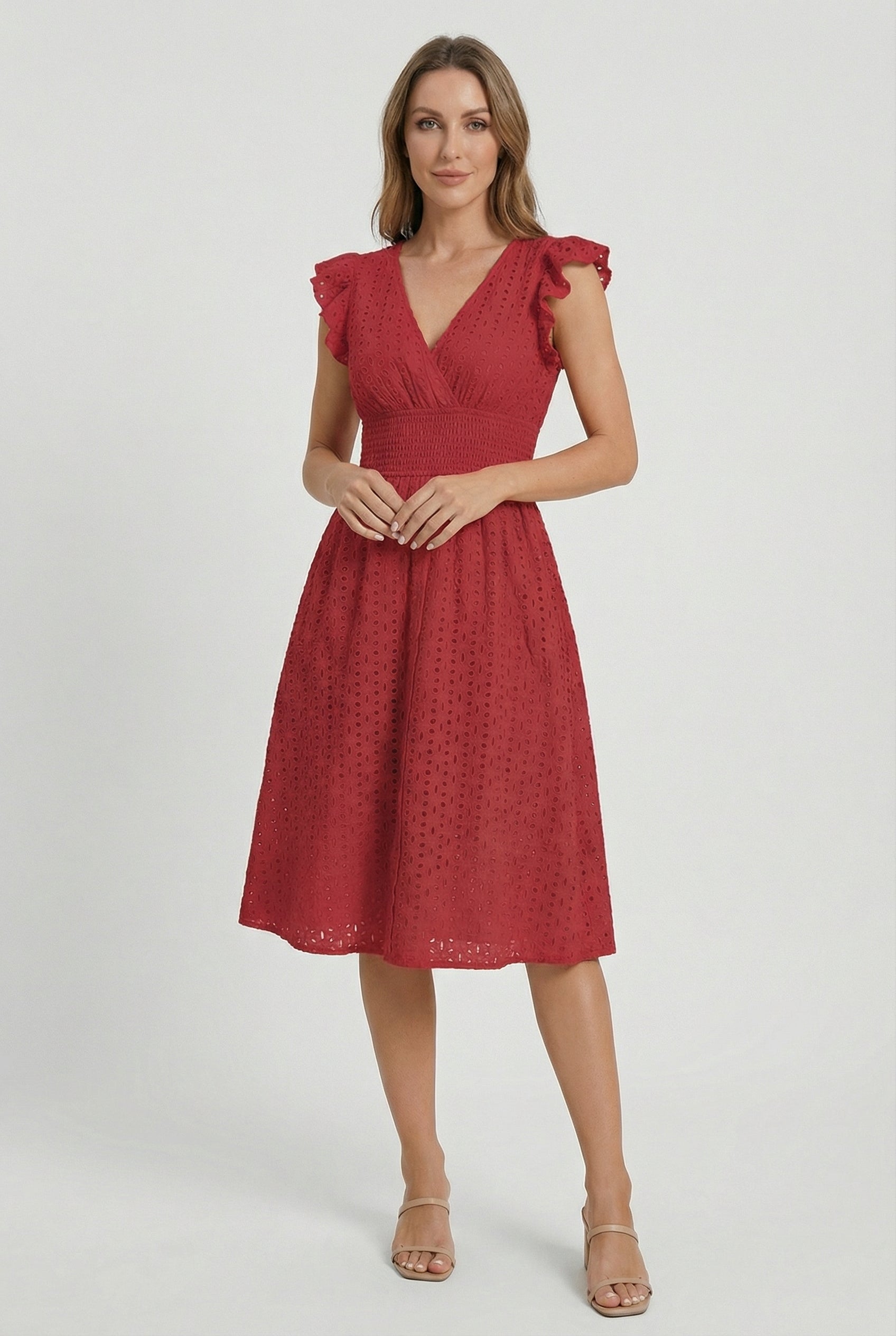 A-Line Eyelet Dress Smocked Waist Cap Sleeve Summer
