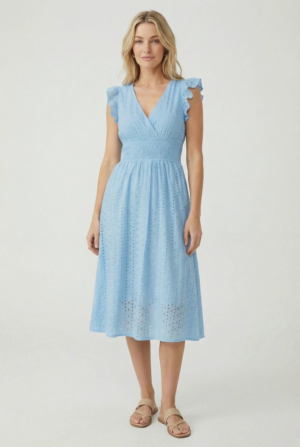A-Line Eyelet Dress Smocked Waist Cap Sleeve Summer