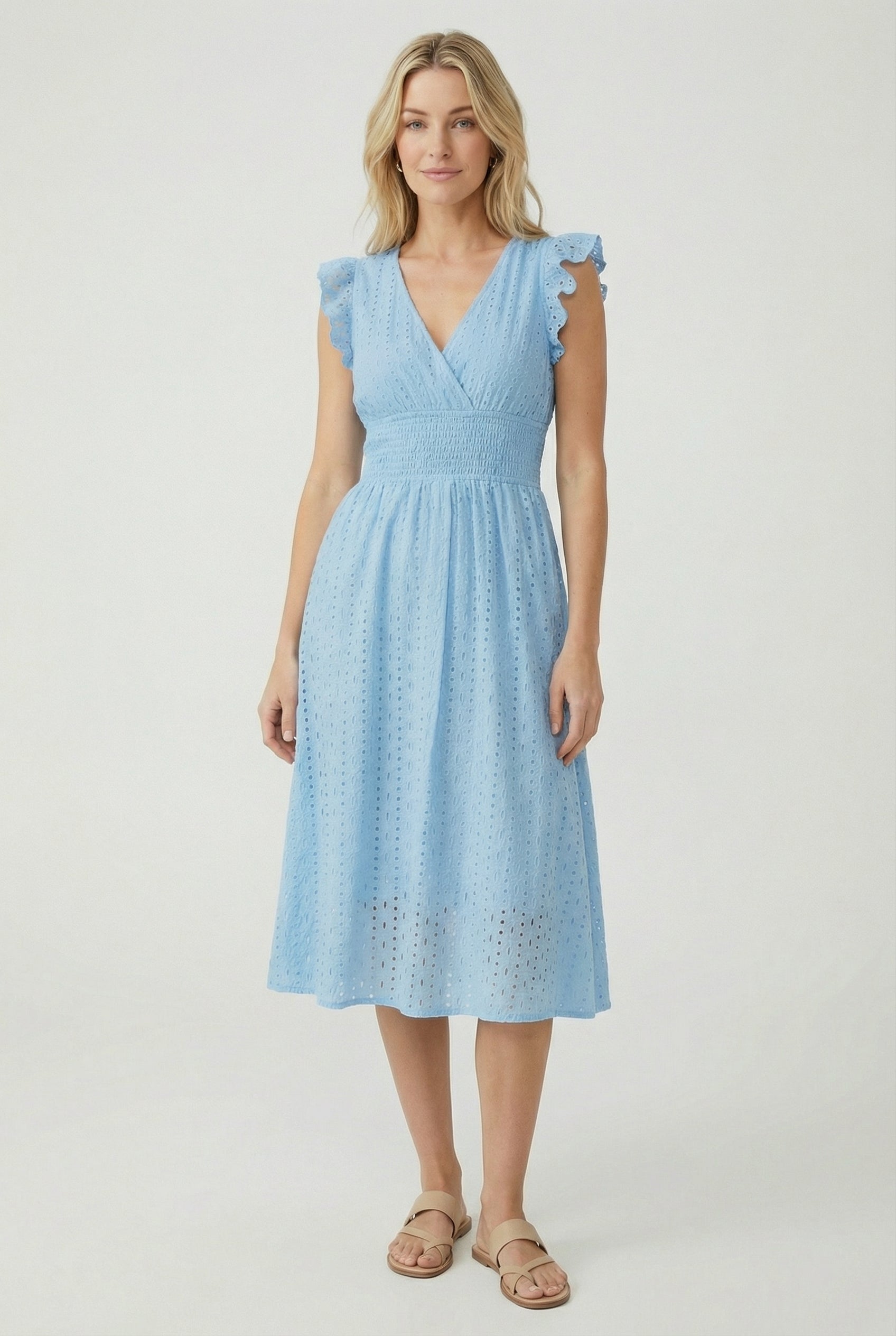 A-Line Eyelet Dress Smocked Waist Cap Sleeve Summer