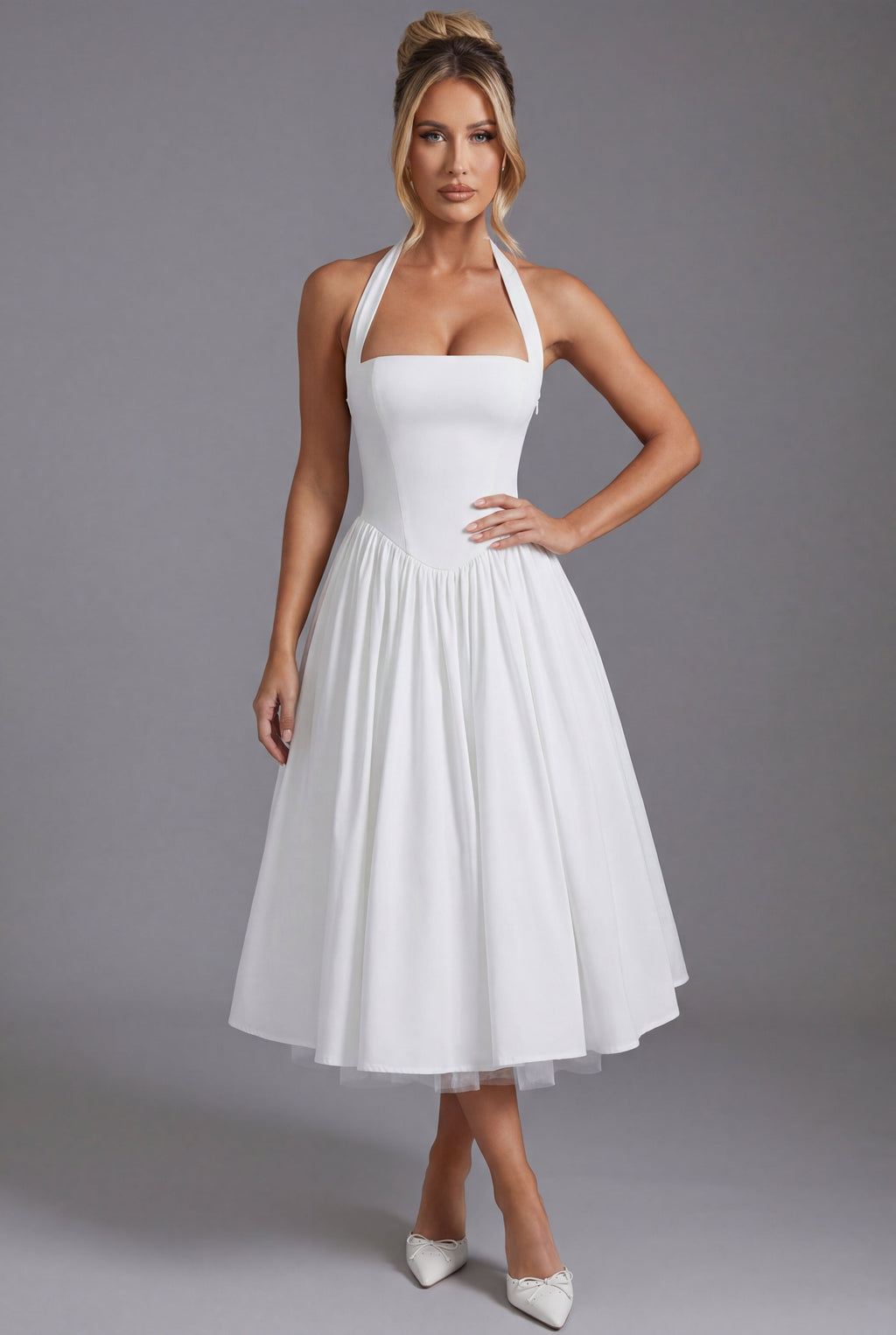 Wedding Guest Midi Dress Halter A-Line Ascot