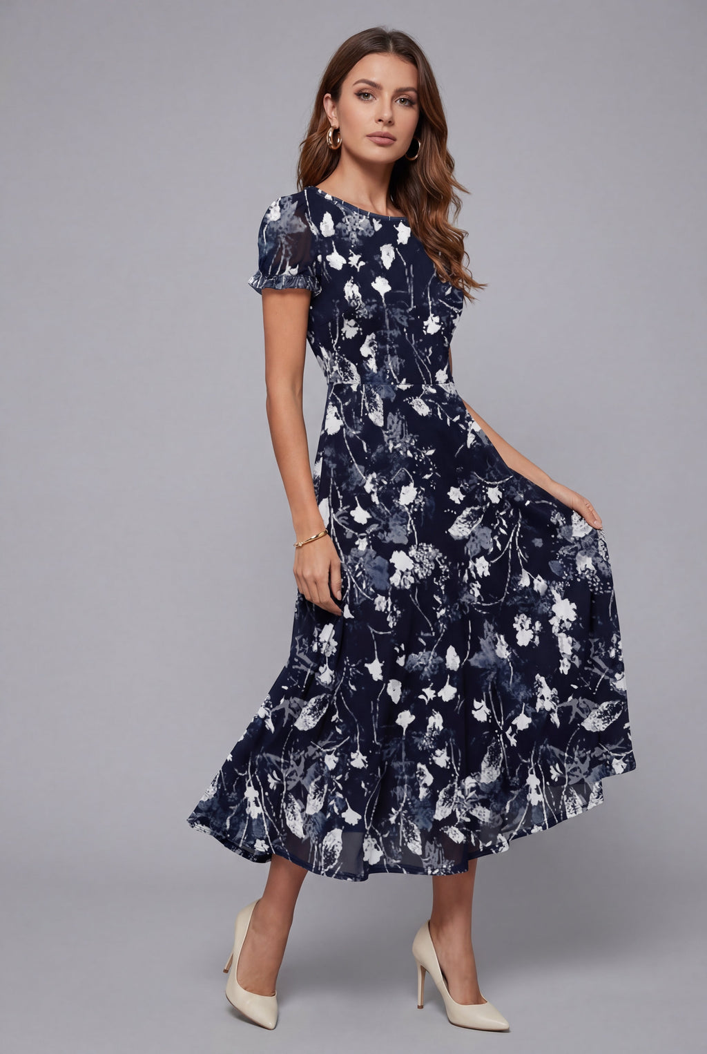 Floral Midi Dress Crew Neck Short Sleeve Ascot