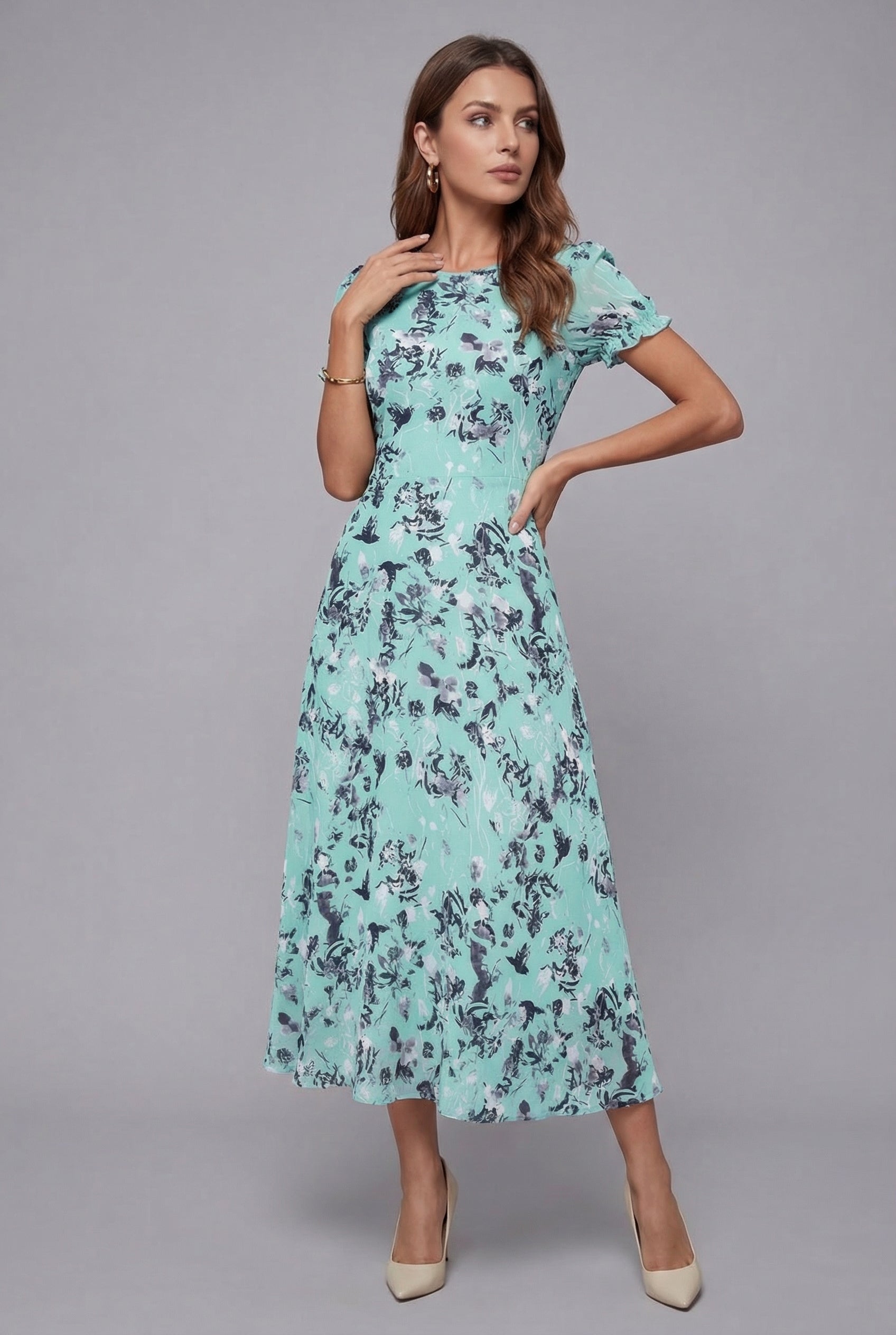 Floral Midi Dress Crew Neck Short Sleeve Ascot
