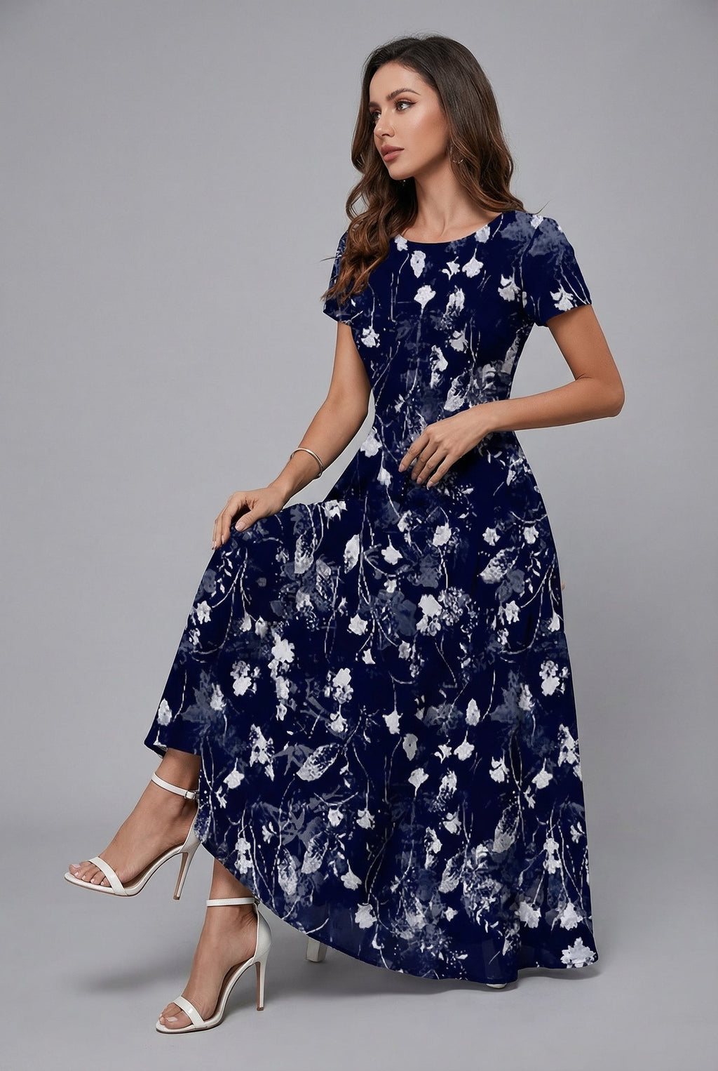 Floral Midi Dress Crew Neck Short Sleeve Ascot