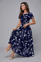 Floral Midi Dress Crew Neck Short Sleeve Ascot