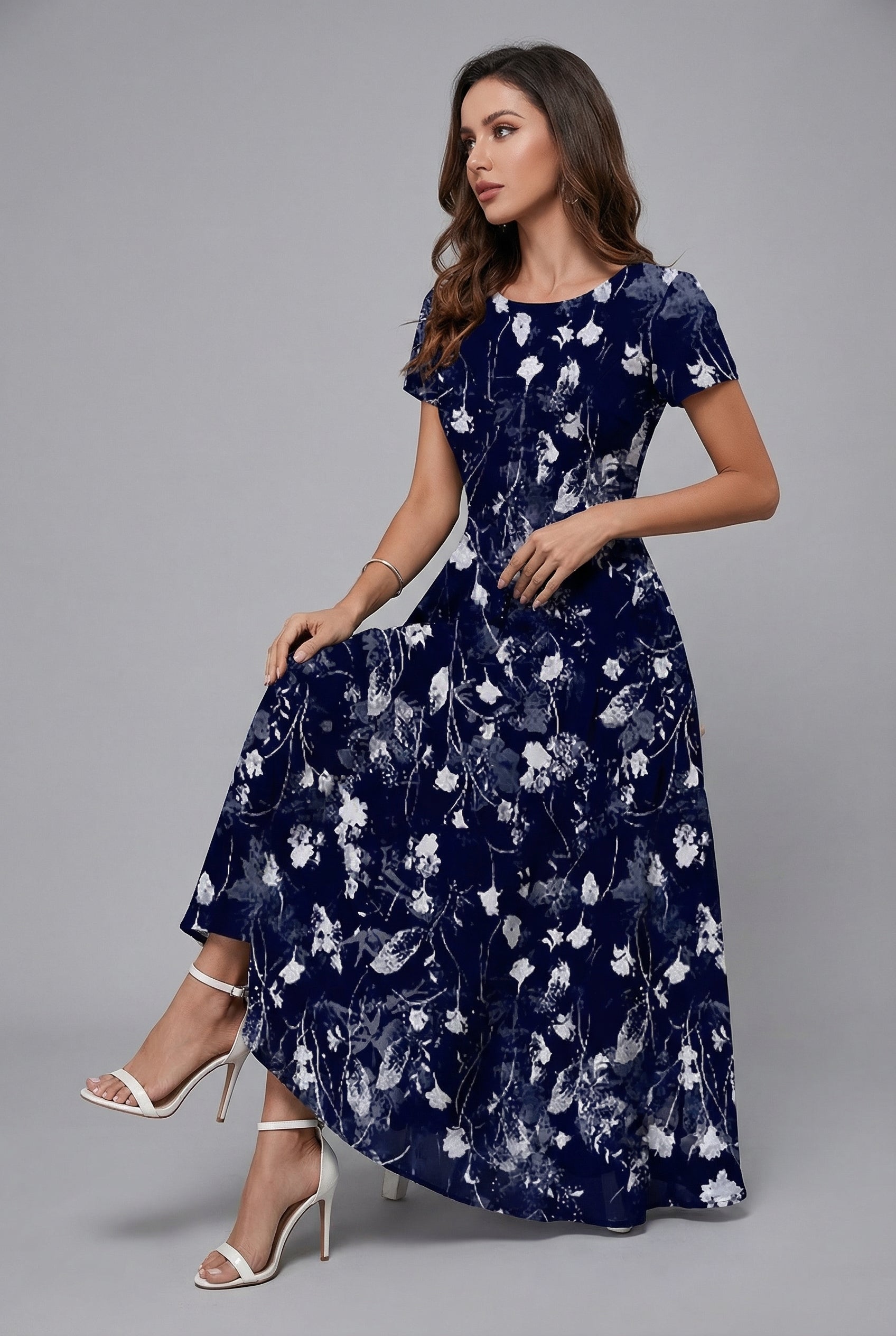 Floral Midi Dress Crew Neck Short Sleeve Ascot