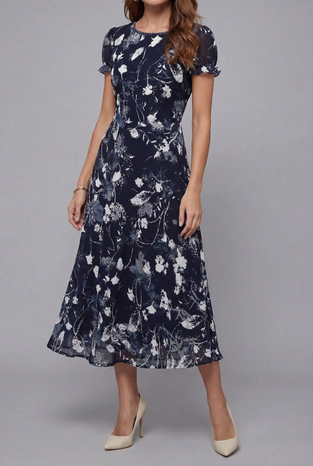 Floral Midi Dress Crew Neck Short Sleeve Ascot