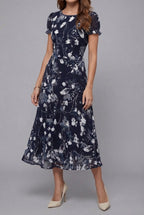 Floral Midi Dress Crew Neck Short Sleeve Ascot
