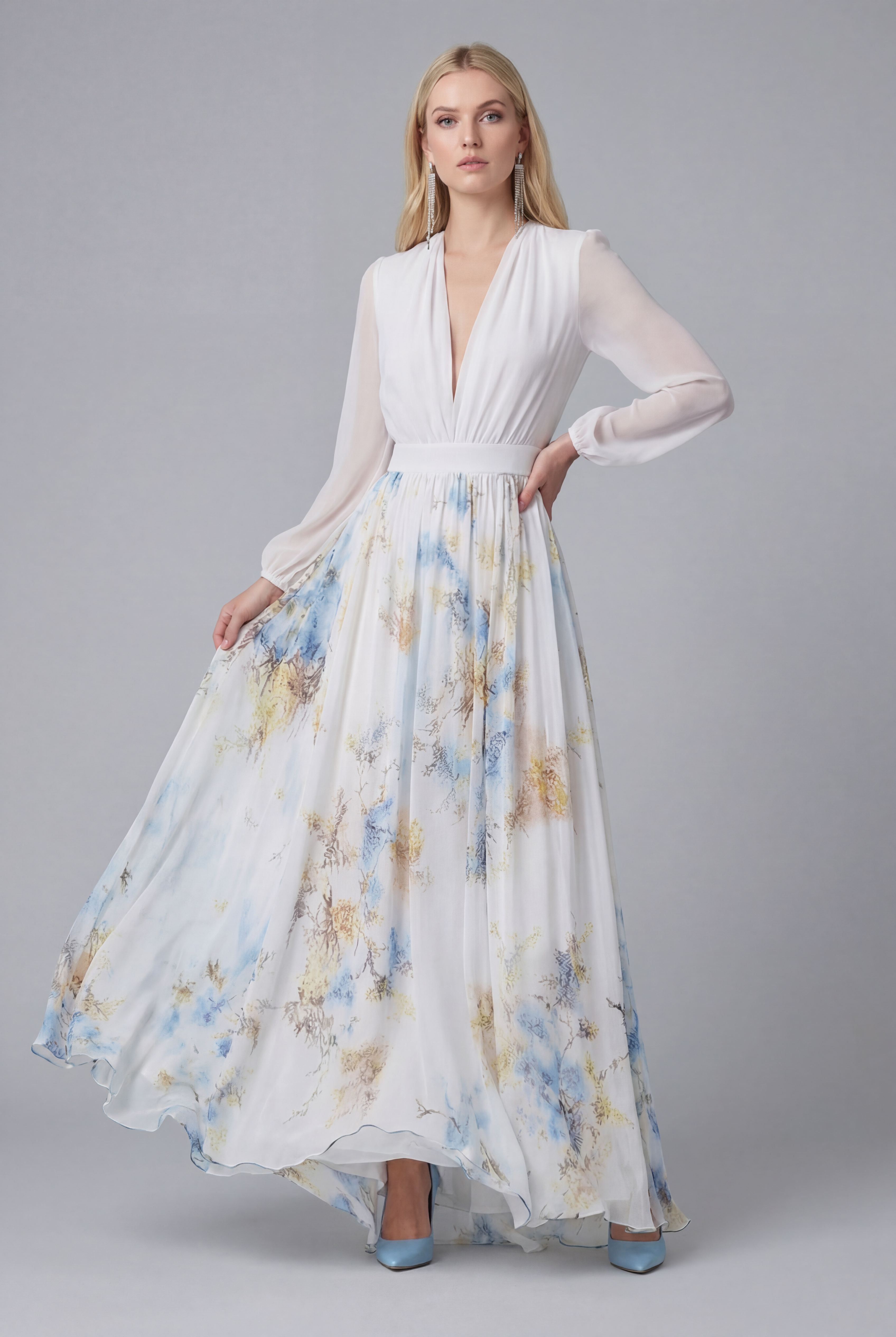 Floral Maxi Dress Chiffon Long Sleeve Ascot